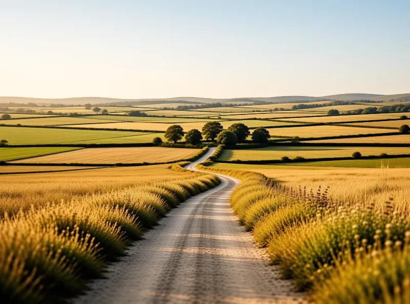 A winding gravel road meanders through golden patchwork fields under soft sunlight, with rolling hills in the distance.