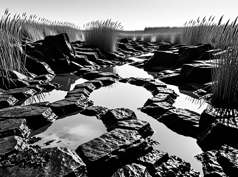 A stark black and white view of a rocky stream flowing between tall reeds and reflecting the bright sky in still pools.