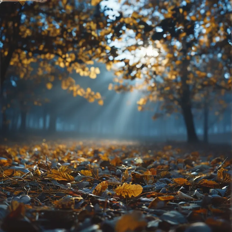 Sunlight streams through a misty autumn forest illuminating fallen leaves covering the ground in warm golden tones.