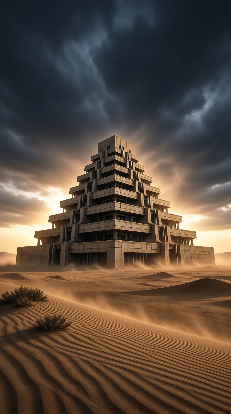 A massive stepped concrete structure rising from a windy desert landscape under a dramatic sunset sky.