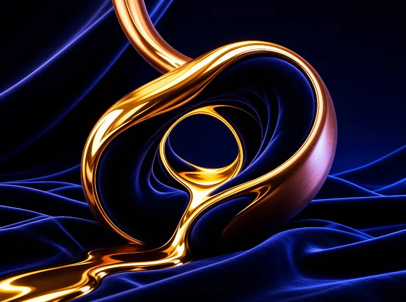 A reflective golden abstract form rests upon draped midnight blue fabric under dramatic studio lighting.