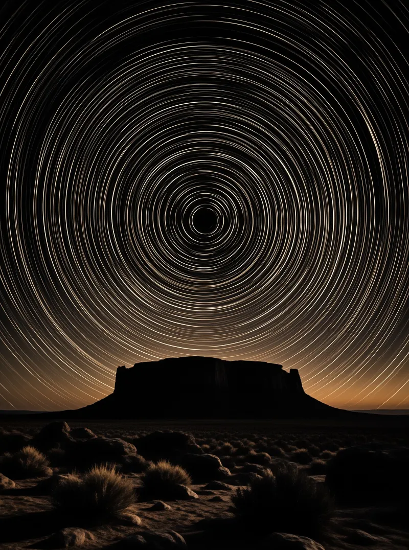 Dark mountain silhouette beneath concentric golden star trails spinning across the night sky.