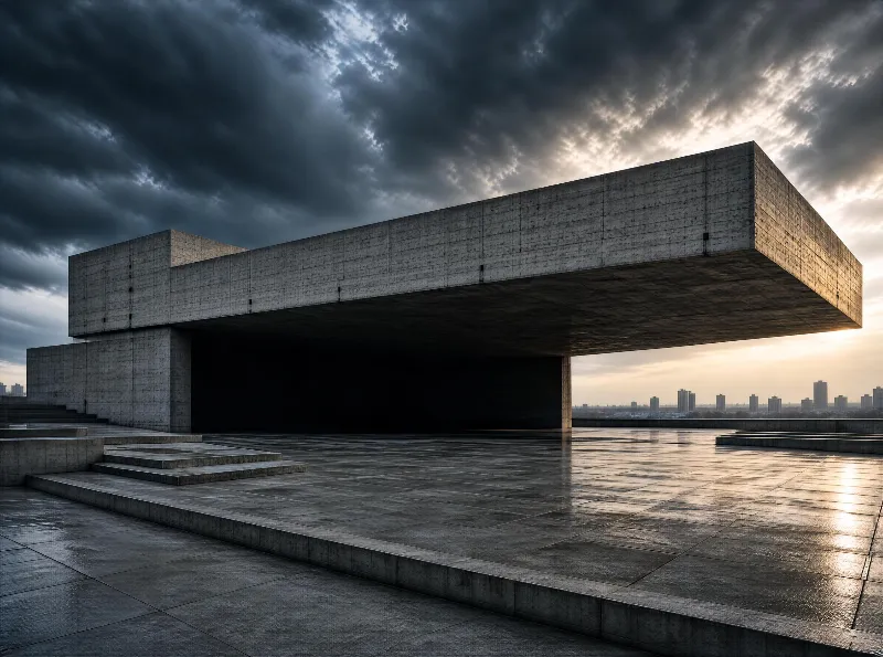 Modern Concrete Structure Under Stormy Sky