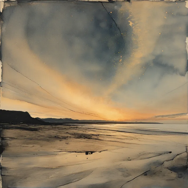 The tide has pulled back to leave a mirror of wet sand catching the last copper light of day.