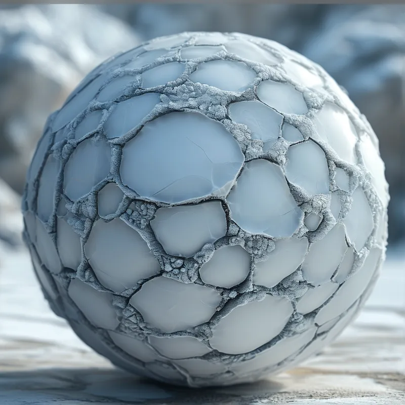 A detailed close-up of a cracked sphere with jagged edges resting on a stone surface under soft diffused light.