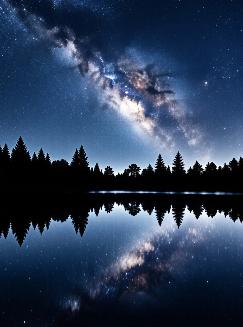 Bright galaxy bands cross the deep blue night sky and mirror perfectly in the calm water below the dark pine tree line.