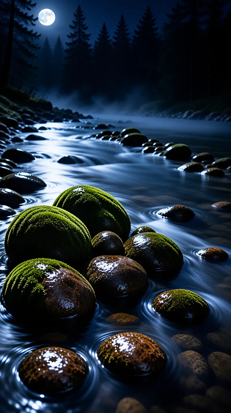 Green moss grows on smooth stones submerged in a flowing blue river beneath a bright moon and silhouetted pine trees.