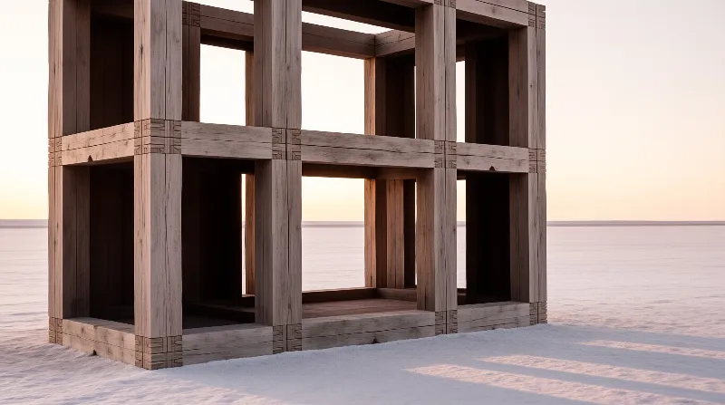 An open weathered timber framework stands on pale flats beside still water under a soft pink horizon.