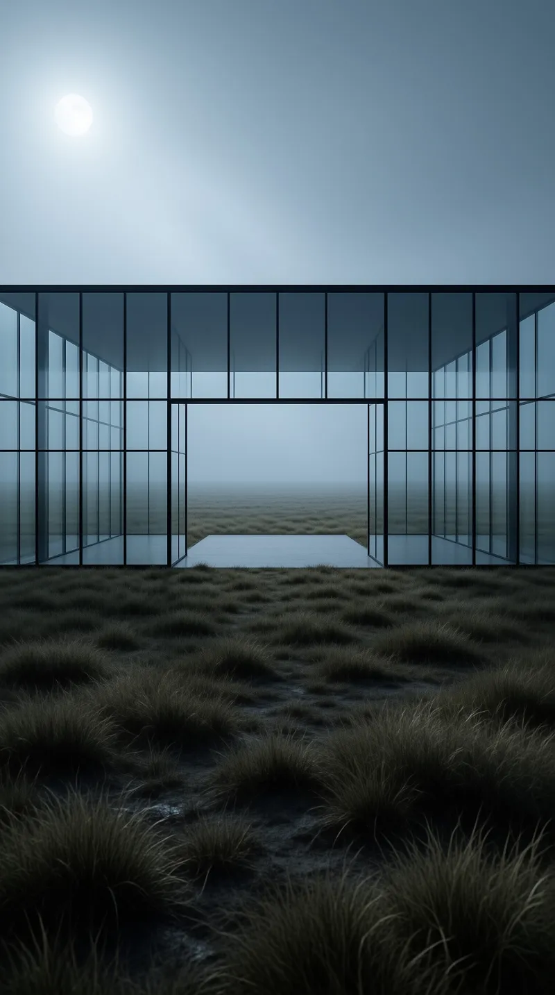 A rectangular glass structure opens onto a vast foggy plain beneath a cool blue sky with a bright orb high above.