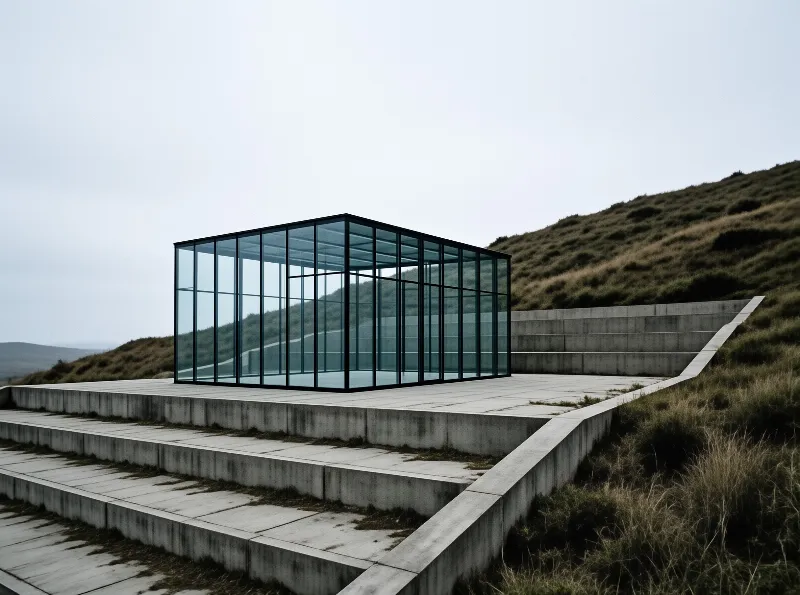 A transparent geometric building sits atop wide concrete terraces surrounded by dry grassy slopes under an overcast sky.
