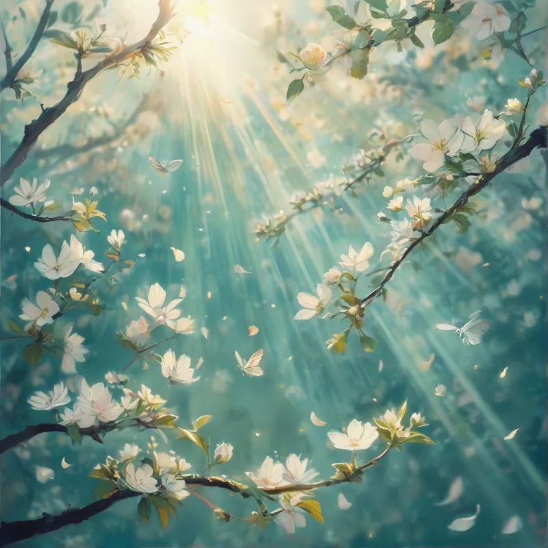 Delicate spring blossoms on dark branches glow under streaming sunlight with drifting petals.