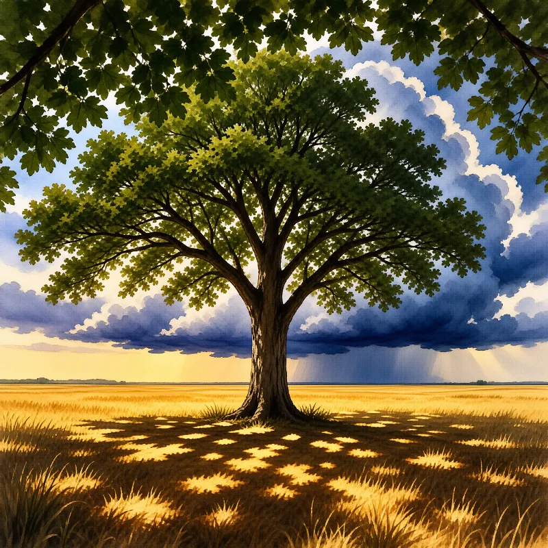 A solitary oak tree stands in a golden wheat field beneath a sky filled with dramatic blue and white storm clouds.