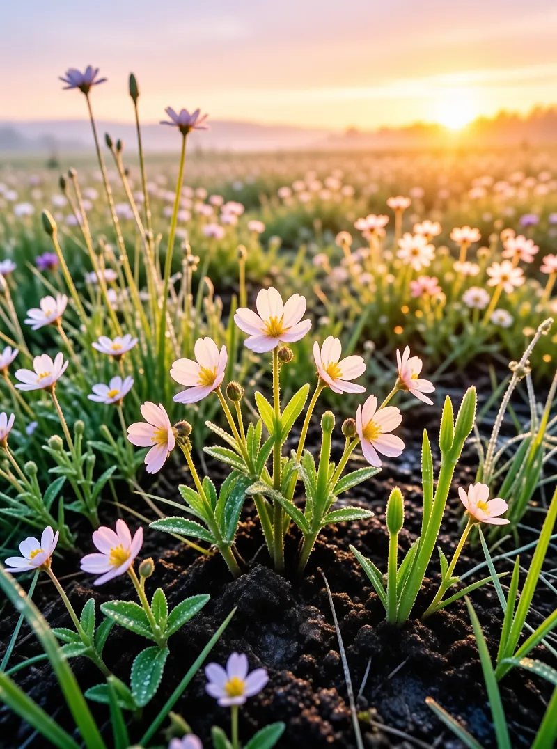 Small pink flowers with yellow centers grow close to the dark earth while a bright sun sets over the distant grassy plain.