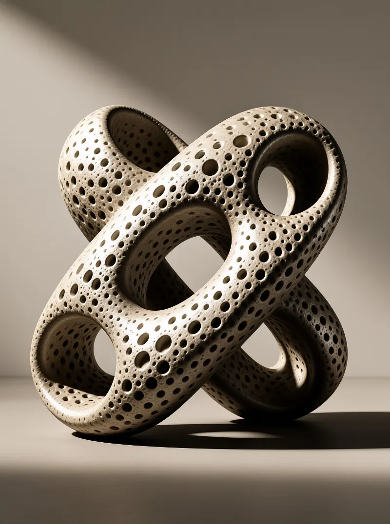 A beige porous abstract sculpture with intricate holes rests on a smooth surface under warm directional lighting.