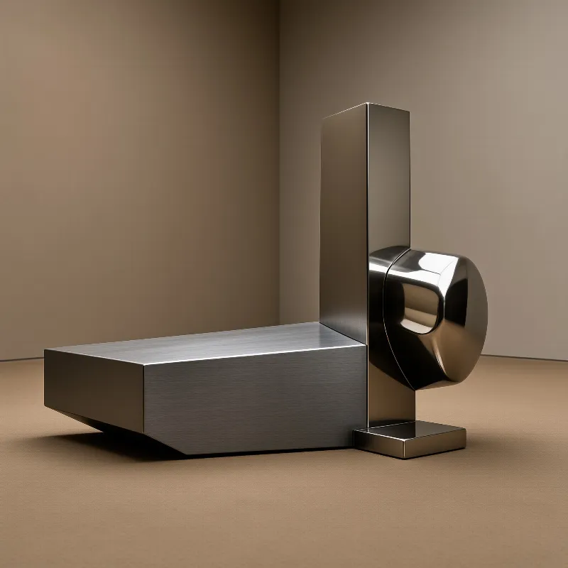 A minimalist brushed metal sculpture with blocky and curved forms sits in a beige corner room under soft diffuse lighting.