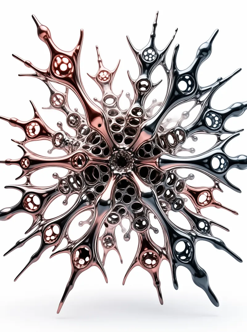 A glossy radial metal splash sculpture has a copper to silver gradient on a stark white backdrop