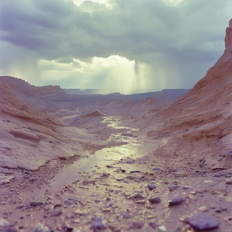 Sunlight breaks through storm clouds over a rocky canyon riverbed in a desert landscape.