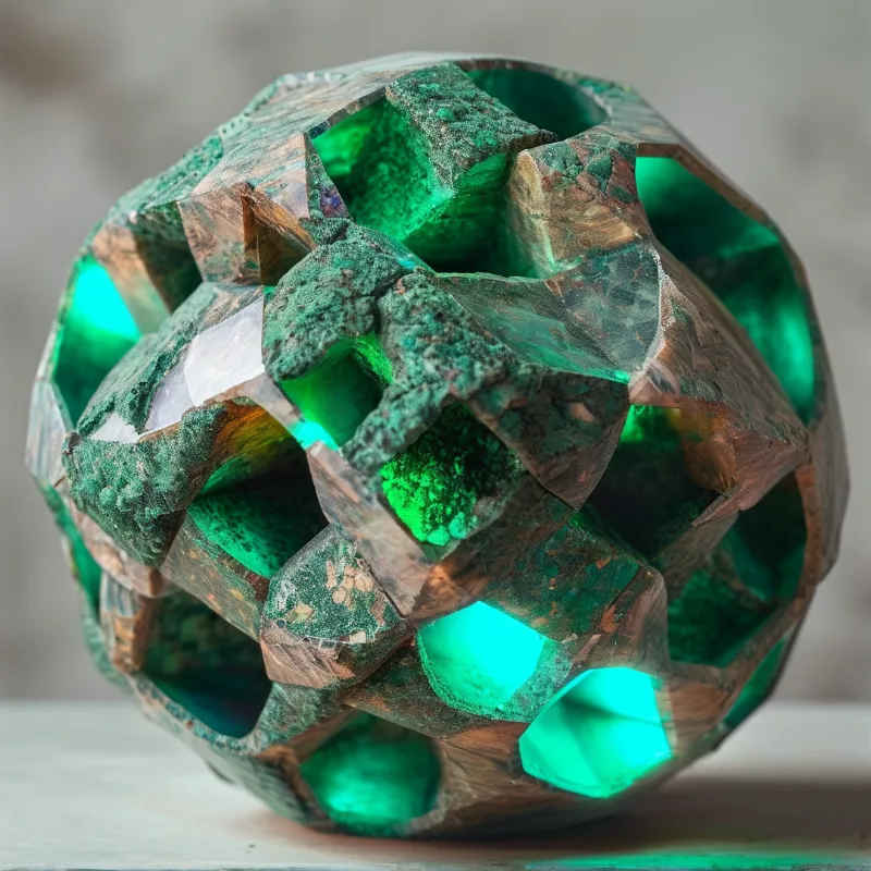A faceted copper sphere patinated green reveals a luminous jade core glowing through its carved openings.