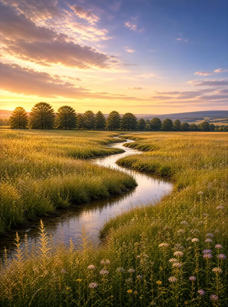 Sunset Over Meadow Stream