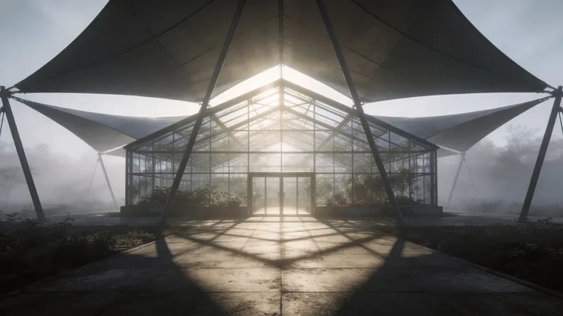 Greenhouse with Tensile Structure — Foggy Morning
