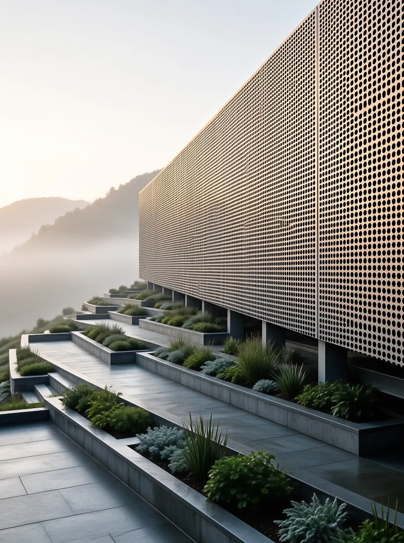 A perforated facade overlooks a stepped garden with shrubs and stone walkways while fog fills a mountain valley at dawn.