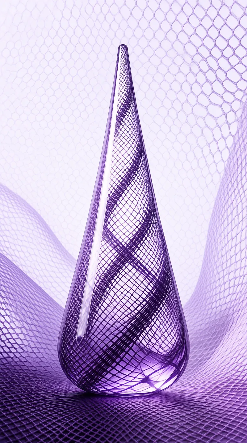 A tall purple wireframe drop shaped form rests on a continuous mesh landscape with soft lighting.