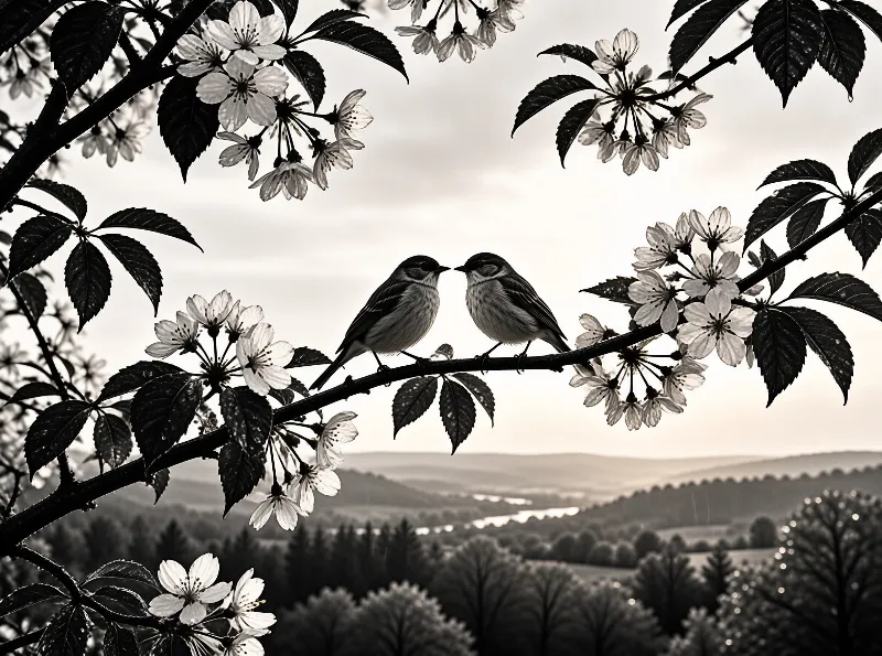 Two small birds sit on a flowering branch in black and white photography with a hilly landscape visible in the distance