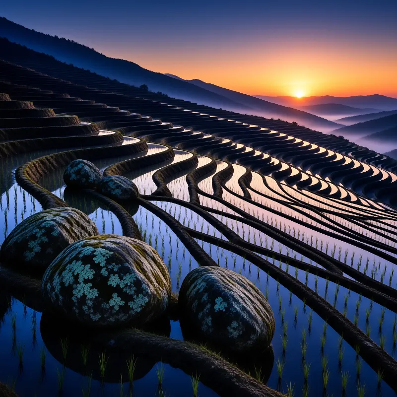 Curved water terraces ascend a hillside while mossy boulders rest on dark roots beneath a warm orange sunset sky.
