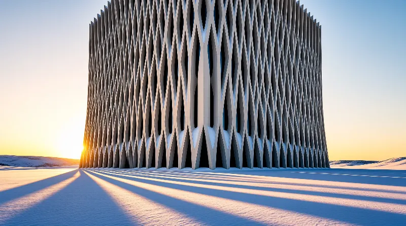 A geometric building stands in a snow-covered plain as the sun sets, casting long shadows across the white landscape