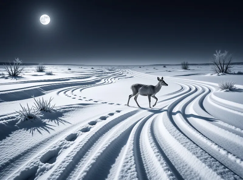 A lone deer walks across a snow-covered field at night, following a winding path illuminated by a full moon.