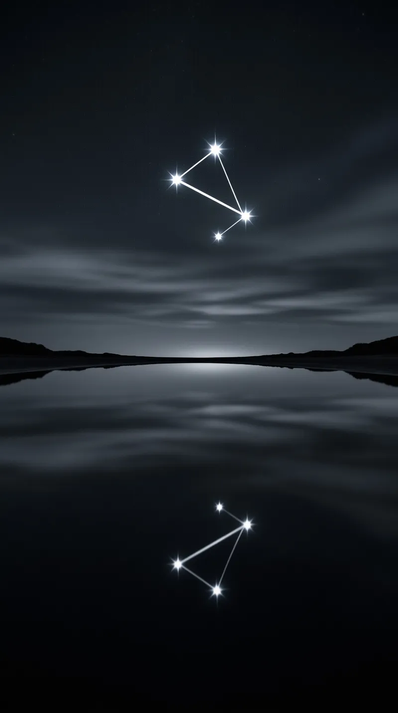 Four bright stars of a constellation connect across the upper sky and their perfect reflection appears on a still dark lake surface