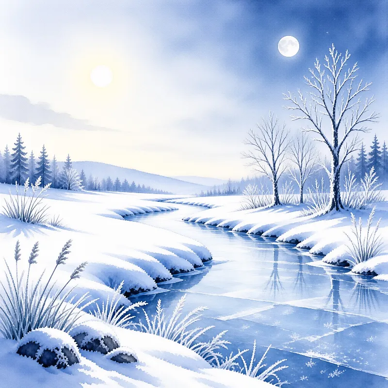 Snow covers the banks of a winding river while bare trees stand against a blue sky containing a bright orb.
