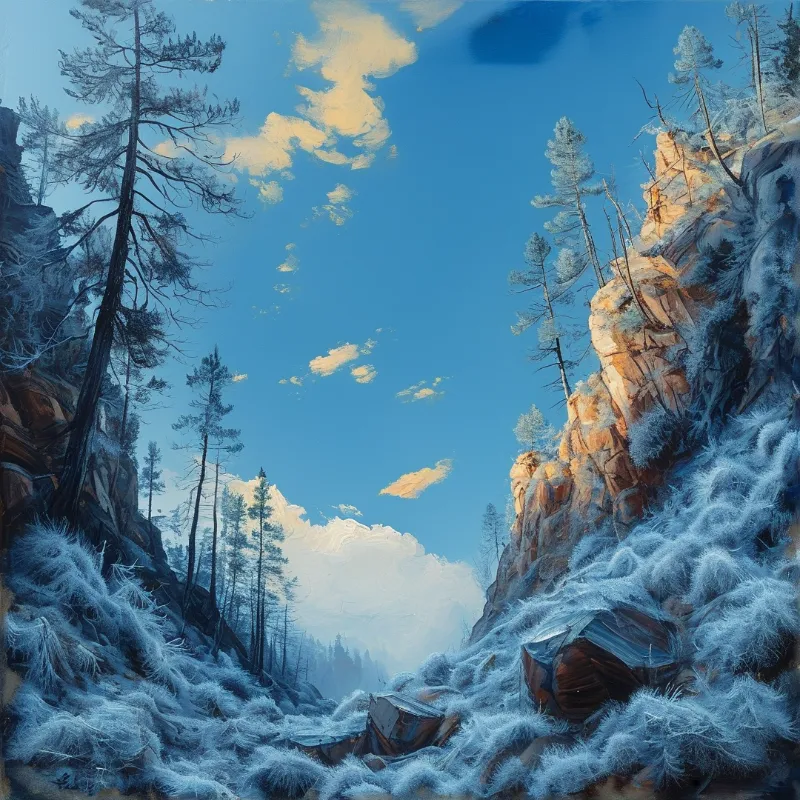 A painterly landscape of steep rocky cliffs covered in snow with tall evergreen trees against a bright blue sky.