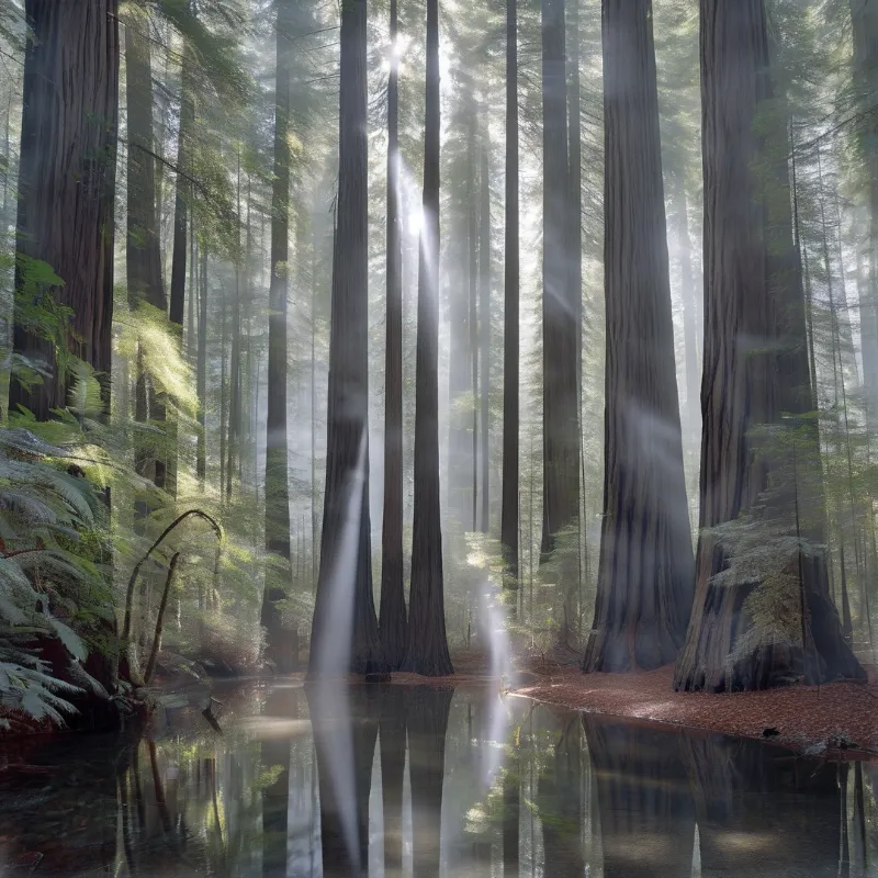 Towering sequoia trunks stand in a misty grove where sunlight cuts through the canopy to illuminate a reflective pool.
