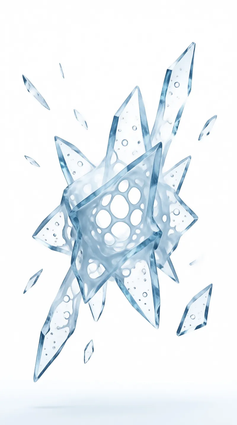 A cluster of translucent blue ice shards forming a star shape with floating fragments on a pale background