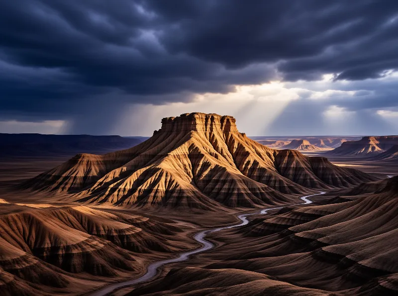 A rugged desert mesa stands tall as sunlight breaks through dark clouds to illuminate the rocky slopes and winding river.