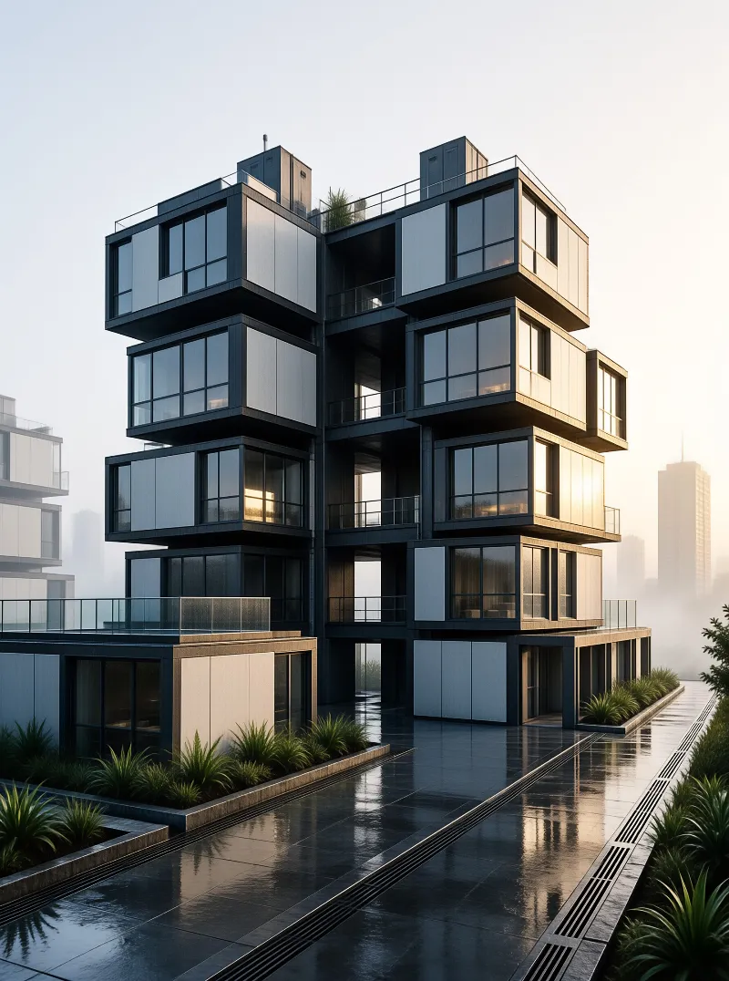 A modern dwelling of stacked glass and steel modules sits on a wet plaza in soft morning haze.