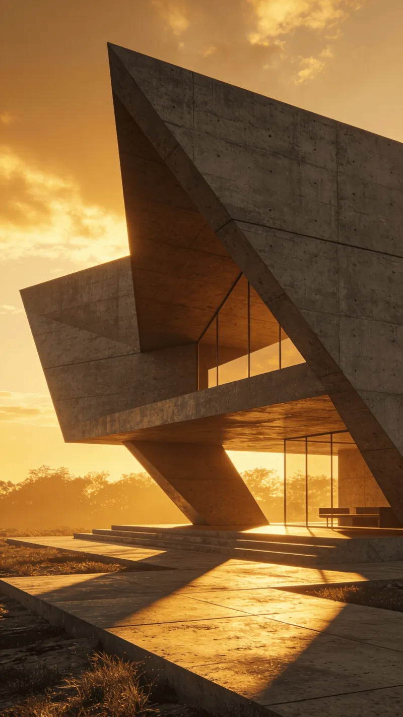Pavilion with Brutalist Massing — Golden Sunset