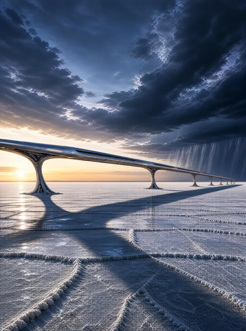 A sleek futuristic bridge spans a vast salt flat during a sunset, with dark dramatic clouds and rain in the background.