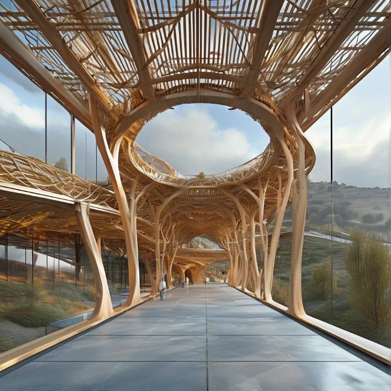 Curved woven wood walkway stretches between full height glass panels facing sunlit rolling hills, with light filtering through open overhead beams.