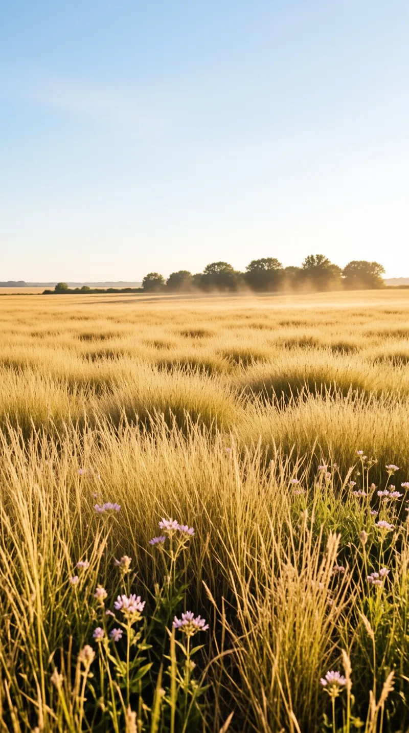 Tall amber grain sways across an open field while clusters of pale purple wildflowers bloom in the warm evening light.