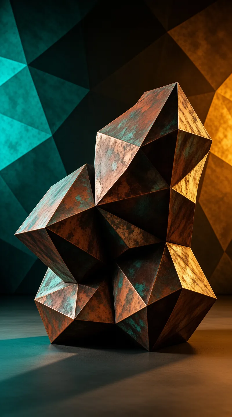 A faceted metallic sculpture rests on a smooth floor against a geometric wall, illuminated by teal and orange light.
