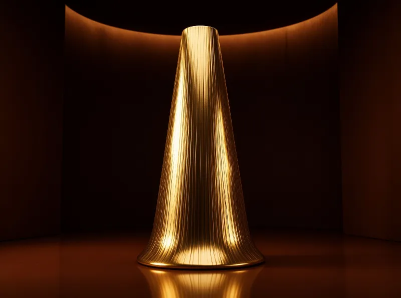 A tall fluted brass vase stands centrally in a dark room with a curved wall and reflective floor.