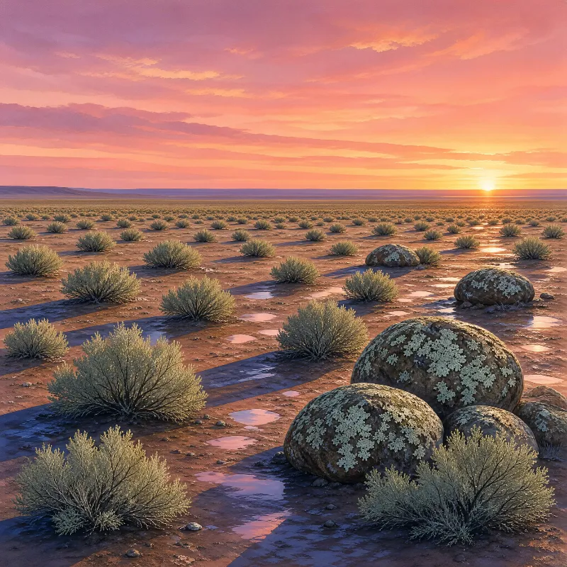 A desert landscape at sunset with large, lichen-covered boulders scattered among low shrubs, puddles reflecting warm light, and a sky painted in pink and orange hues.