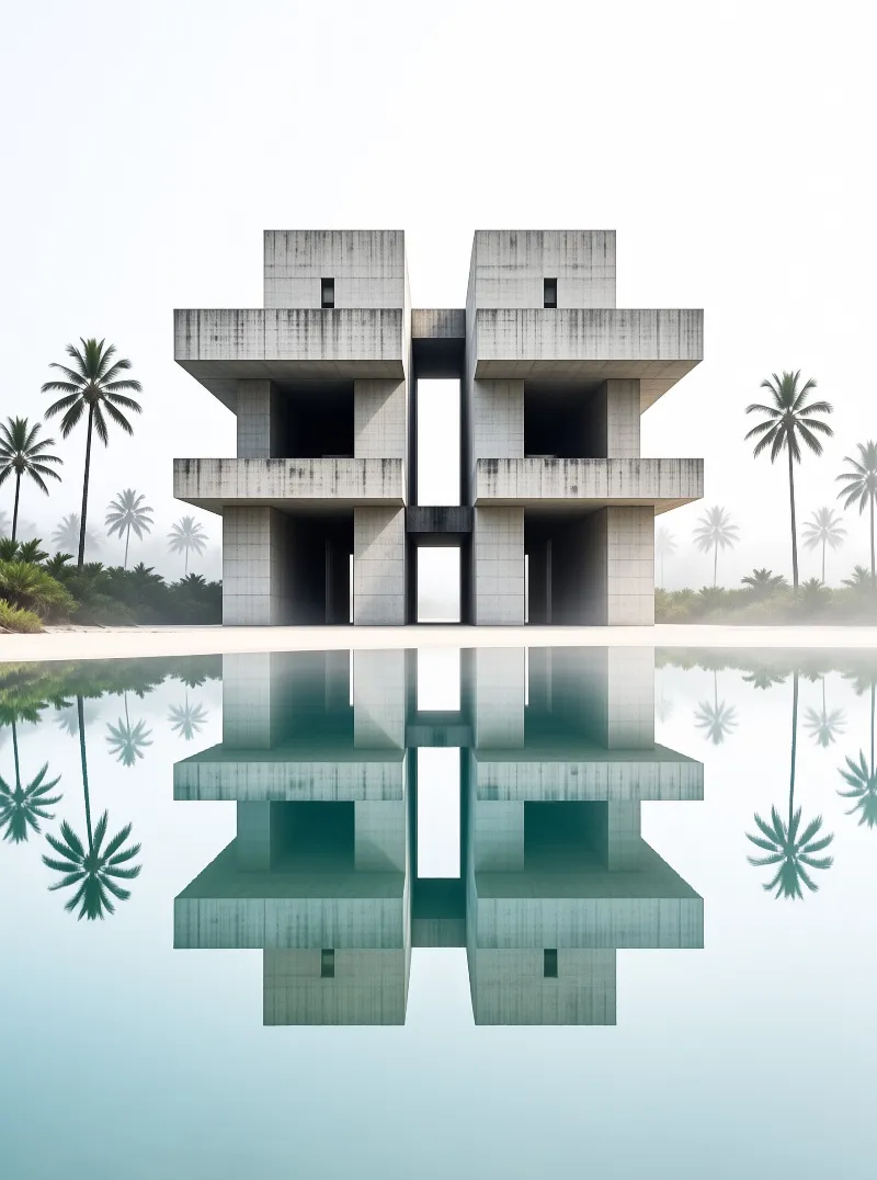 A symmetrical blocky modernist structure and its mirror image meet at a glassy pool framed by tall palms.