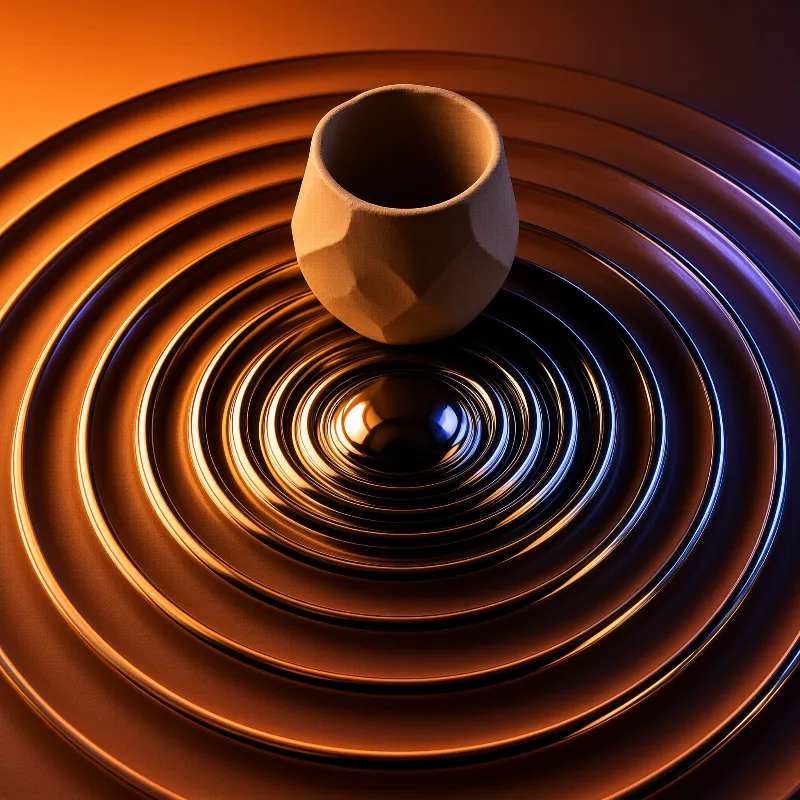 A low-poly terracotta cup floats over concentric copper rings that gleam with blue highlights.