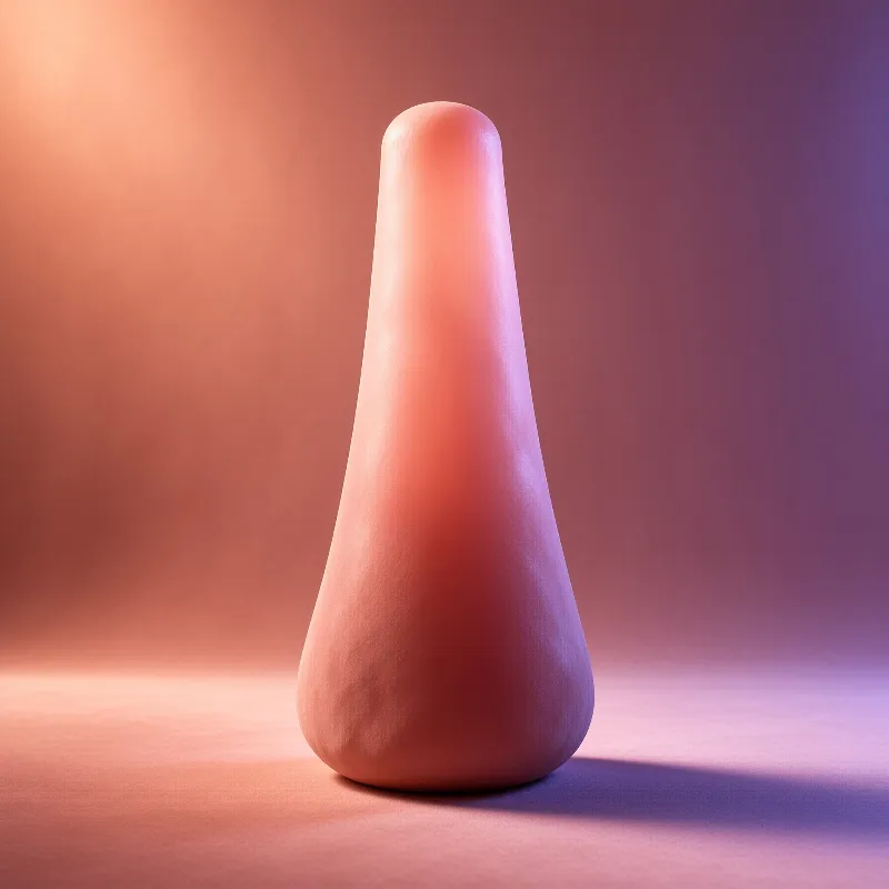 A smooth tapered stone rests on a seamless backdrop with lighting shifting from warm orange to cool purple hues.