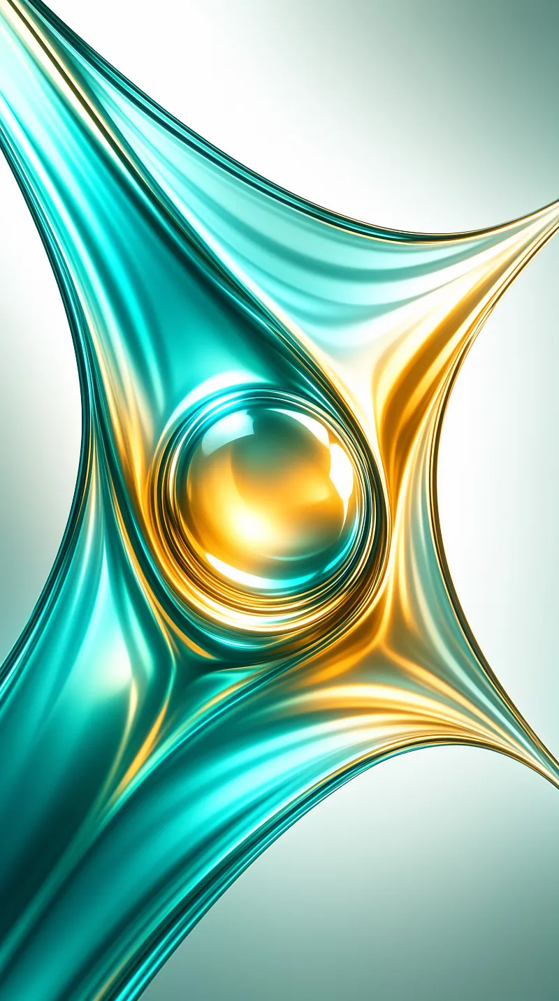 A glossy teal and gold abstract sculpture curves against a light background featuring a central sphere.