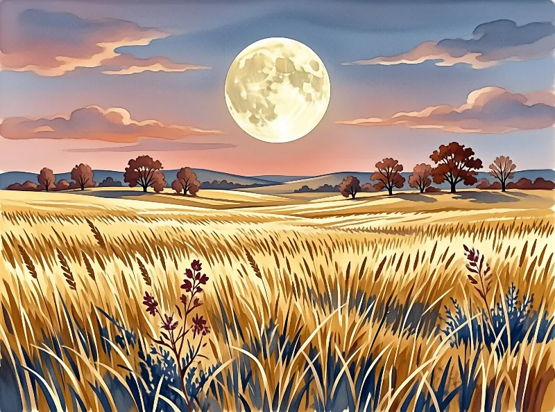 A painted landscape shows ripe grain stalks in front of autumn trees, hills and a huge moon at dusk.