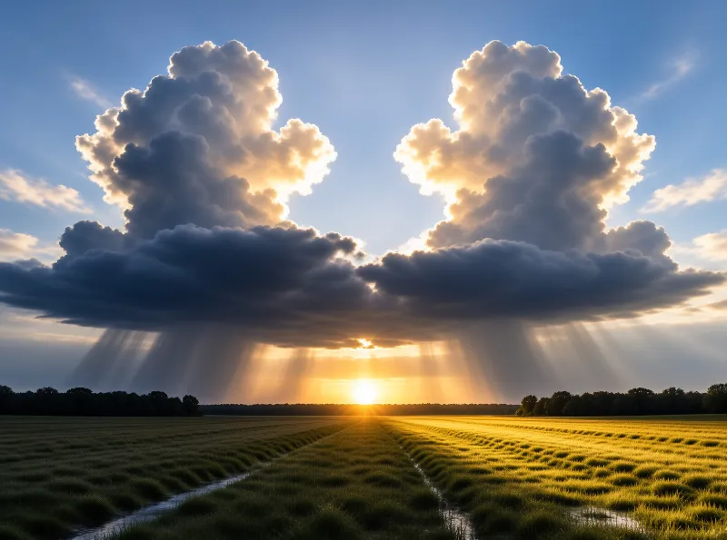 Two large cloud masses frame a sunlit field as rays of light pierce through the sky near the horizon.